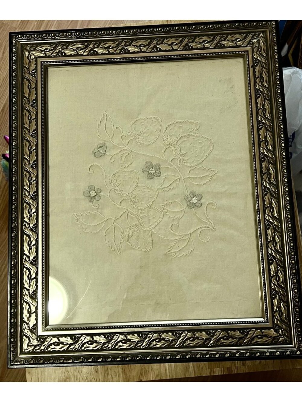 Framed 11x14" Strawberry Needlepoint Embroidery Ornate Gold Leaf Pattern Frame